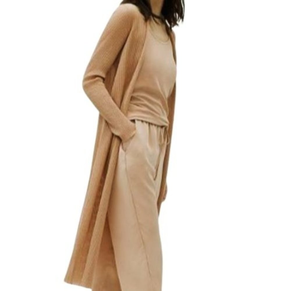 Eileen Fisher Camel Long Open-Front Ribbed Cardigan